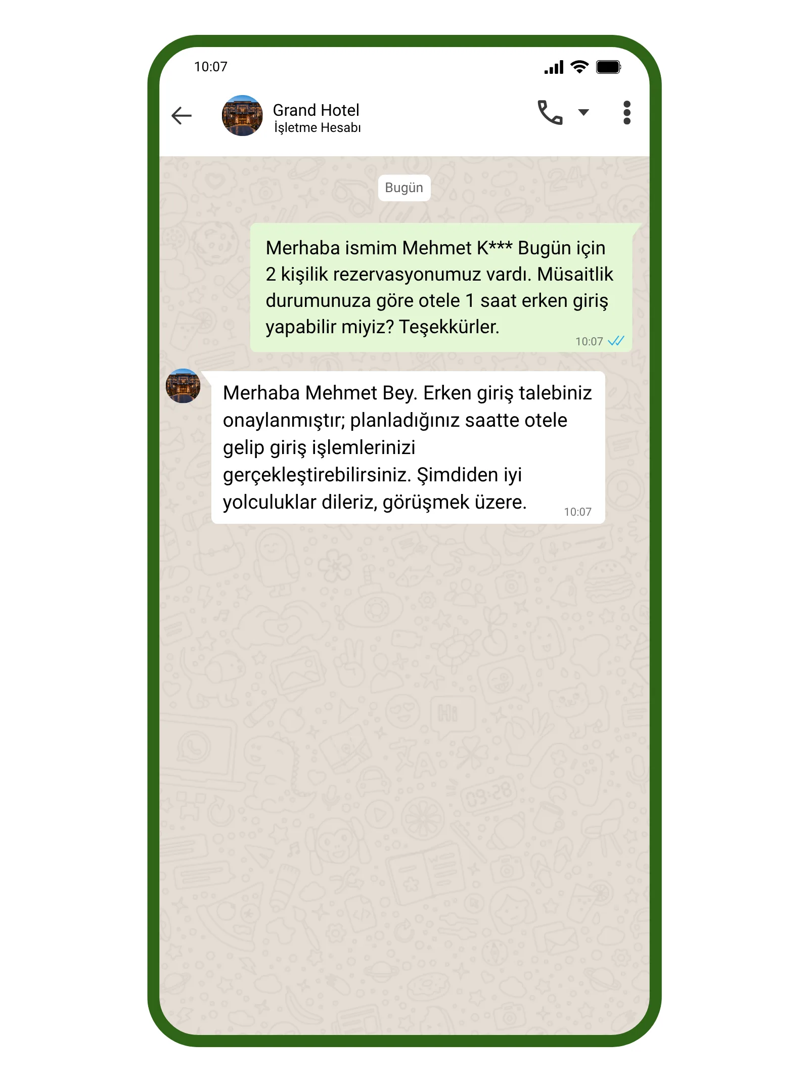 Elvador otel yapay zeka asistanının WhatsApp arayüzü; bir misafirin erken giriş talebine saniyeler içinde 7/24 otomatik yanıt vererek operasyon hızını, cevaplanma oranını ve müşteri memnuniyetini artıran iletişim ekranı.