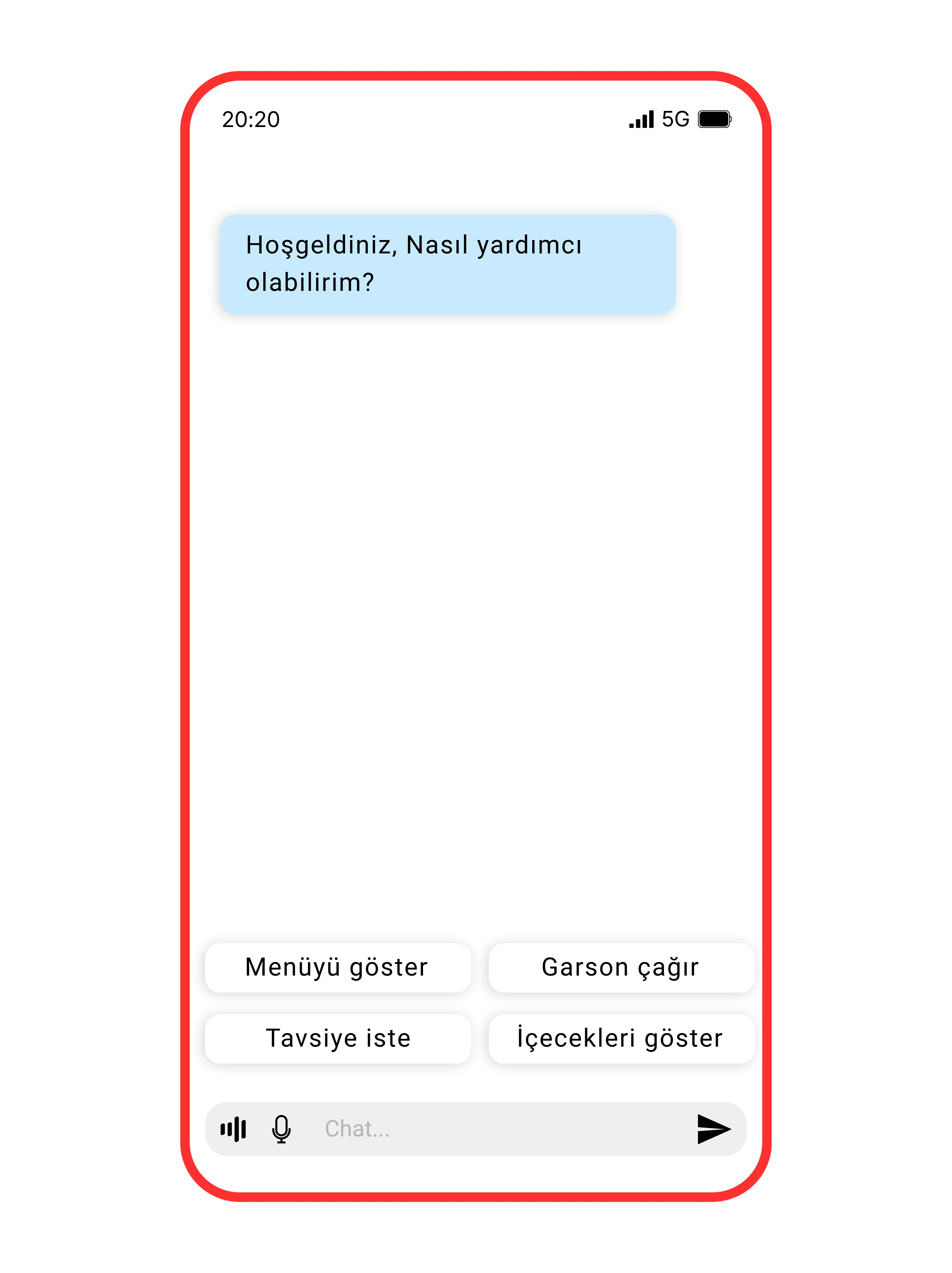 Elvador yapay zeka asistanının cafe ve restoranlar için geliştirilen cep telefonu arayüzü; müşterilerin masadaki QR kodu okutarak görsel dijital menüye ulaştığı, yemek tavsiyesi isteyebildiği ve tek tuşla garson çağırabildiği etkileşimli sohbet ekranı.