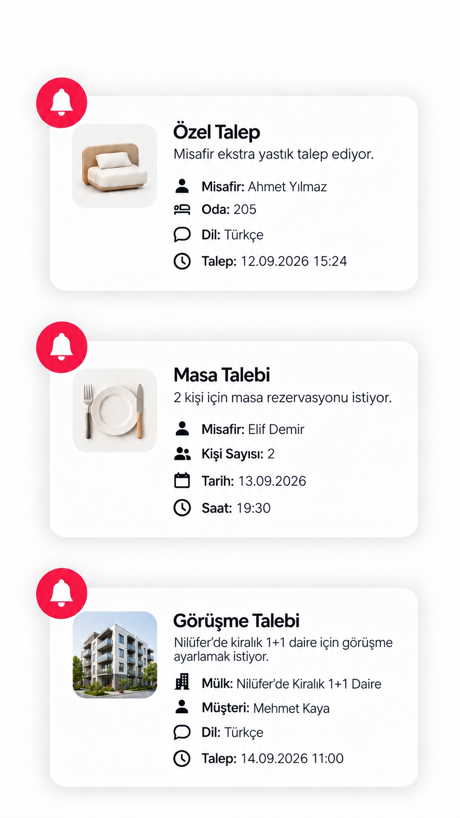 Elvador panelinde QR kod ve mesajlardan gelen taleplerin ilgili ekibe yönlendirilmesini gösteren ekran.