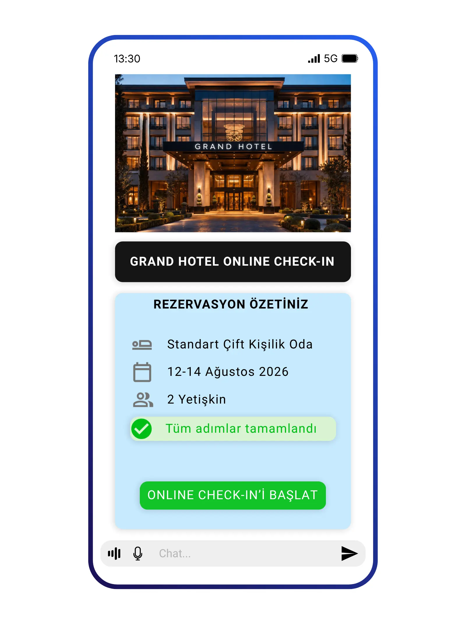 Elvador online check-in sistemi; misafirlerin telefonundan kimlik doğrulama, oda seçimi ve dijital anahtar alma adımlarını tamamladığı hızlı giriş ekranı.
