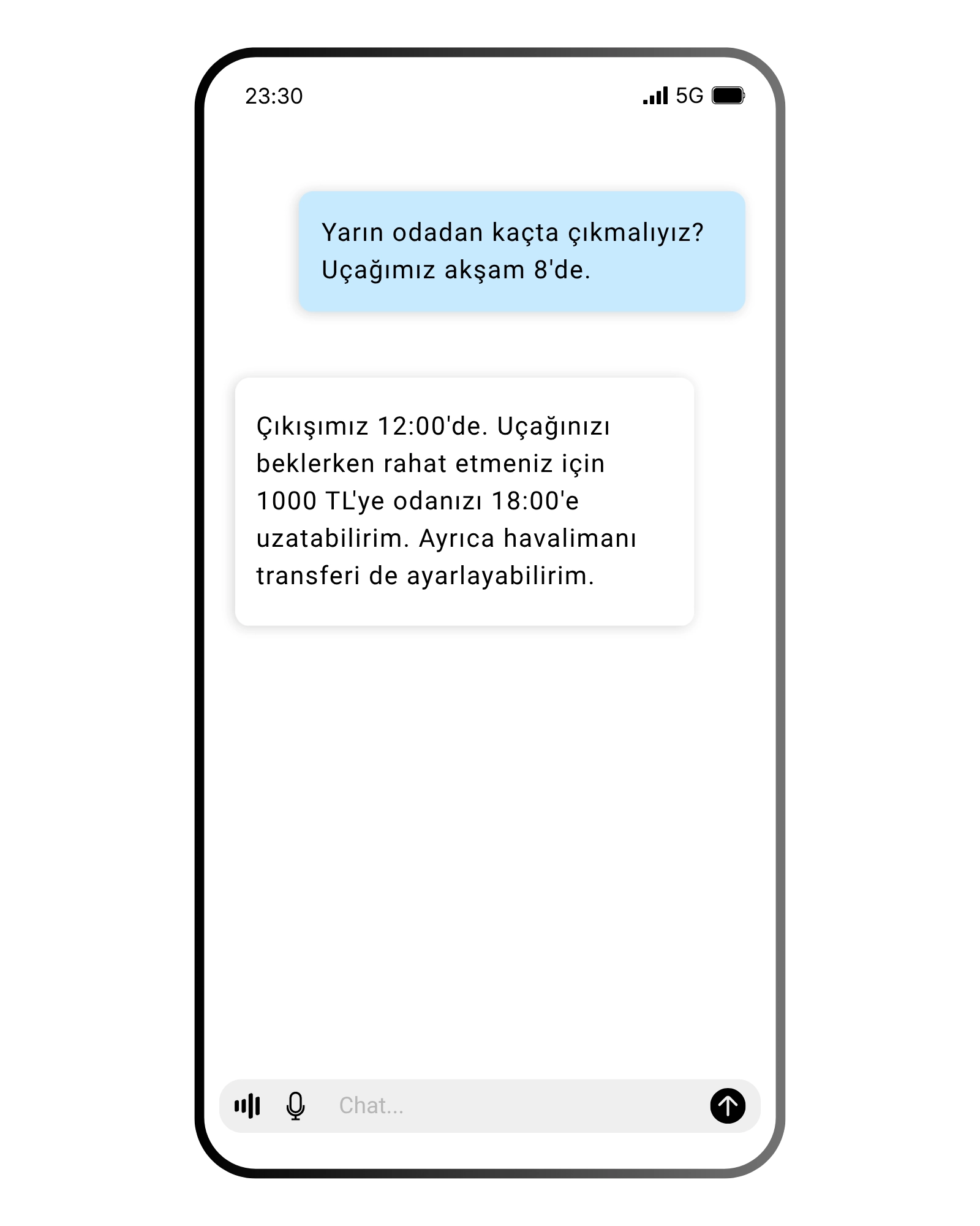 Elvador otel yapay zeka asistanının misafir sohbeti sırasında; misafirin uçuş saatini analiz ederek geç çıkış (late check-out) ve havalimanı transferi gibi ek satış (upsell) tekliflerini otomatik olarak sunduğu arayüz.
