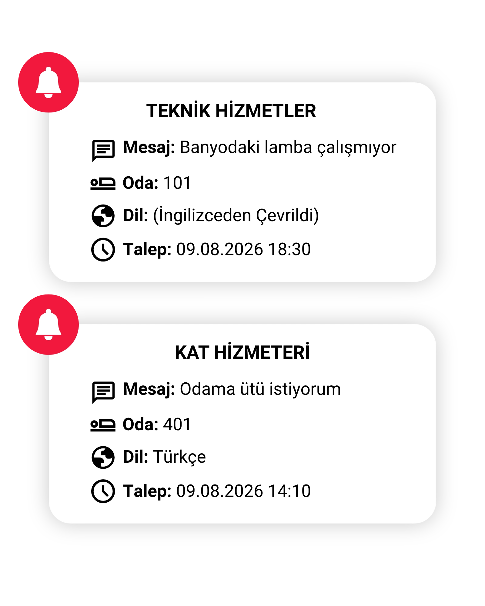 Elvador otel yapay zeka asistanı sayesinde, misafirlerin odalarındaki QR kodu okutarak oluşturdukları taleplerin resepsiyona uğramadan doğrudan teknik servis ve kat hizmetleri gibi ilgili birimlerin bildirim ekranına anında ve çevrilmiş olarak düştüğünü gösteren panel.