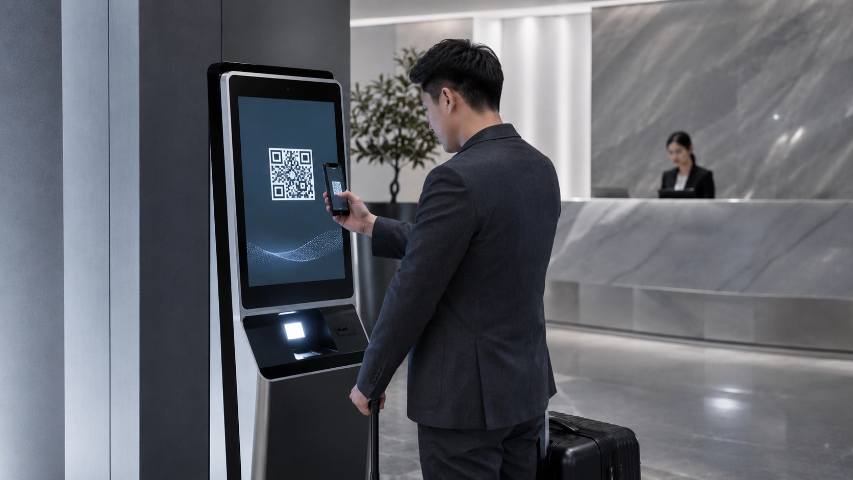 Otel lobisinde self check-in kioskundan QR kod tarayan misafir