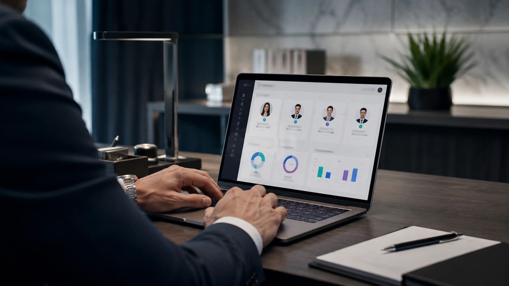 Otel yöneticisi CRM dashboard ekranında misafir profillerini incelerken
