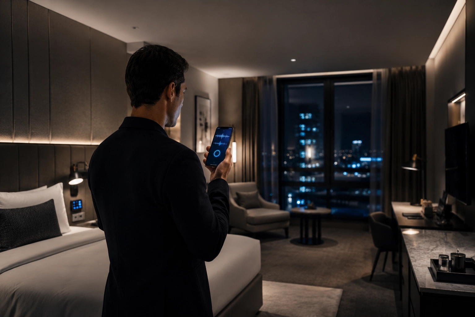 Otel odasında sesli yapay zeka asistanı kullanan misafir