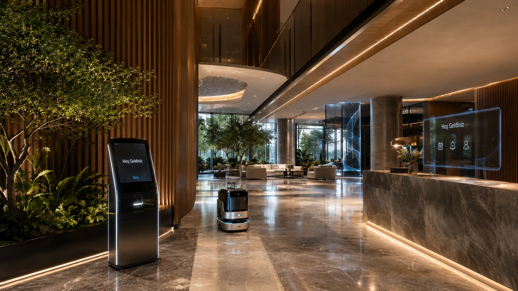 Modern otel lobisinde yapay zeka kiosk ve dijital karşılama — otelcilik trendleri 2026